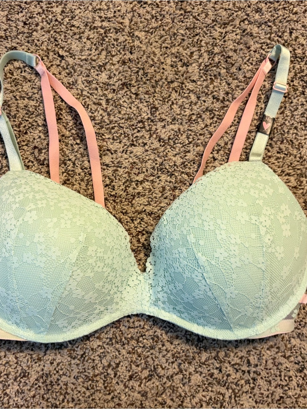 Victoria's Secret Mint Lace Push-Up Bra with Pink Straps